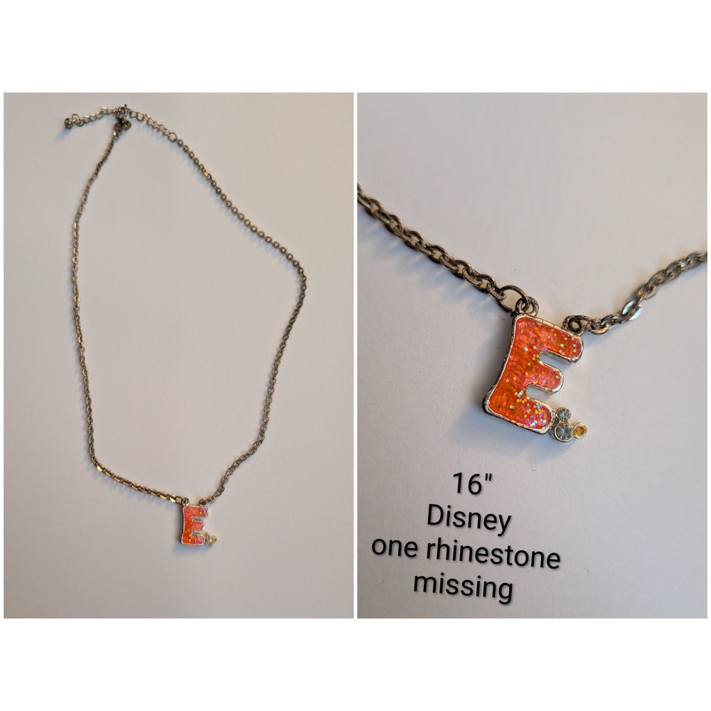 Disney Initial E Necklace Orange Glitter Mickey Mouse Pendant Silver Tone 16in